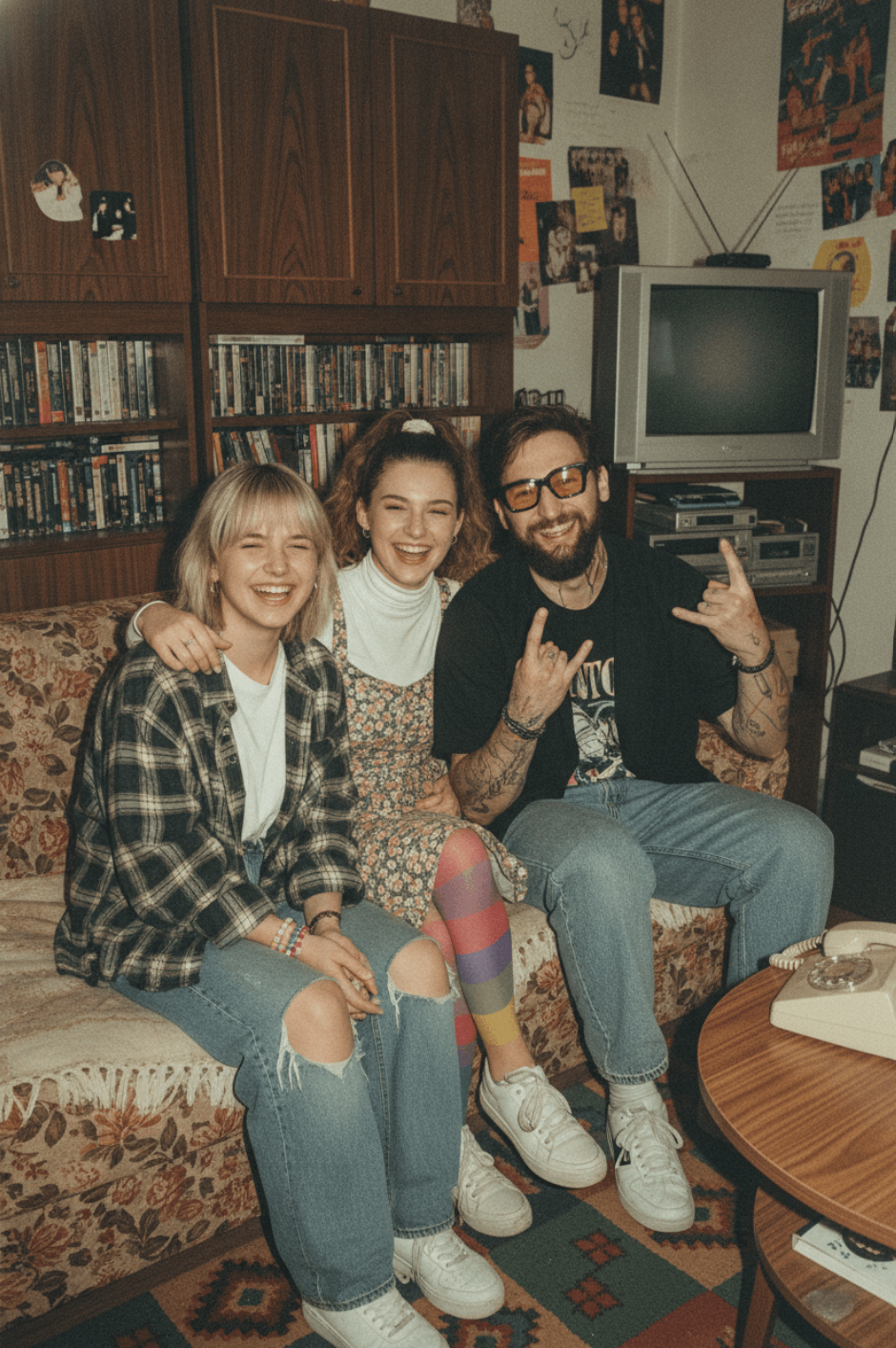 Skupina hostů proměněná do stylu 80. let