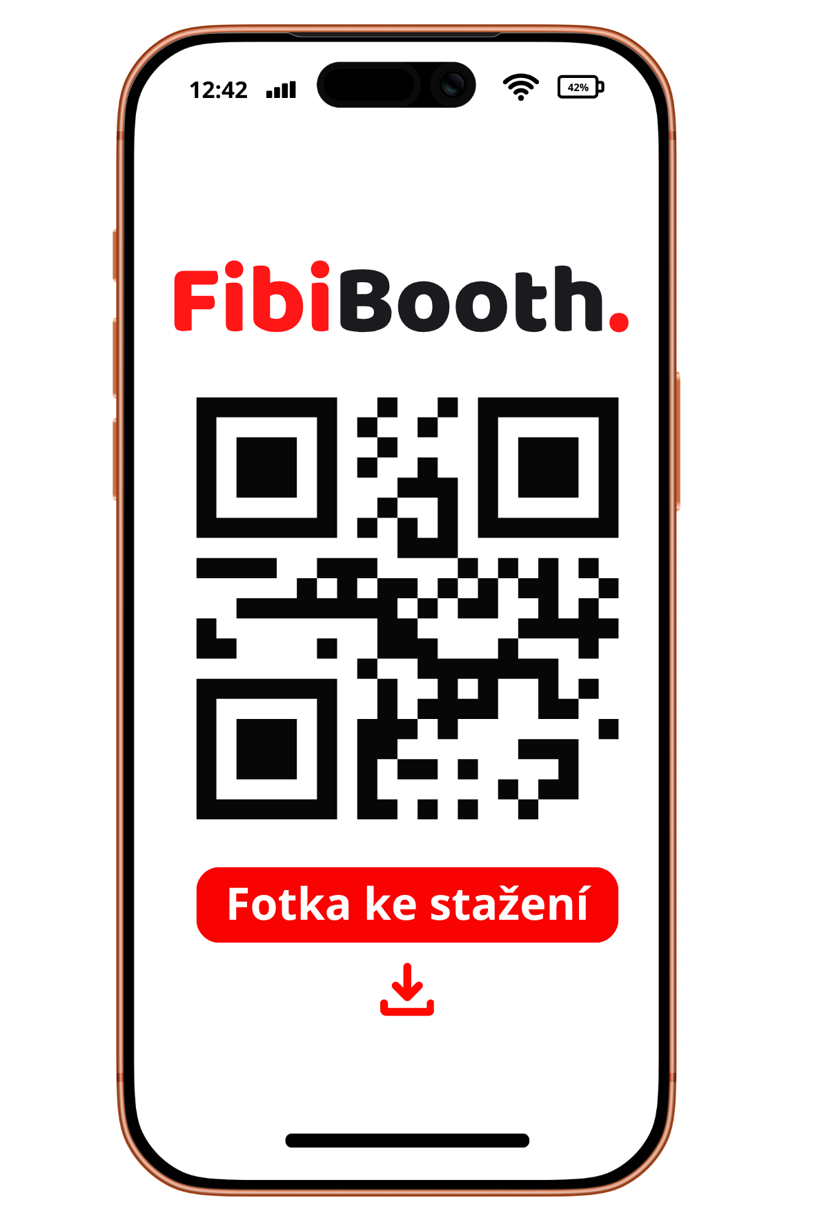 Telefon s QR kódem pro stažení fotky